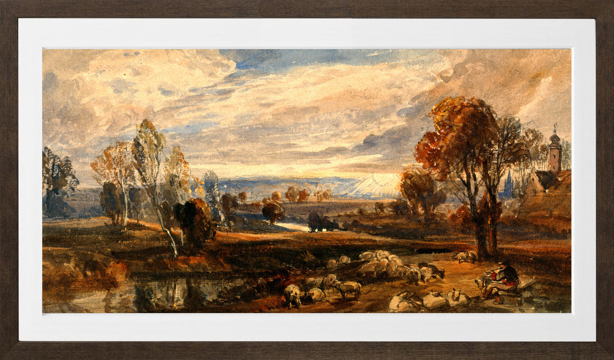 William Callow Print, Landscape with Sheep in a brown frame