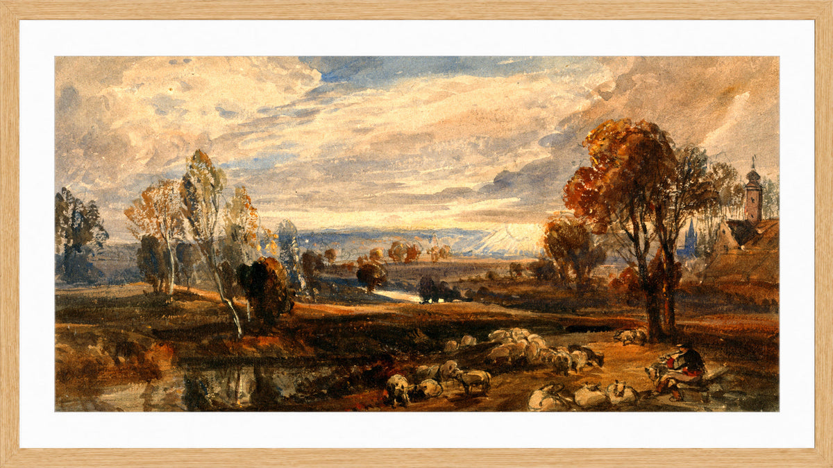 William Callow Print, Landscape with Sheep in an oak frame