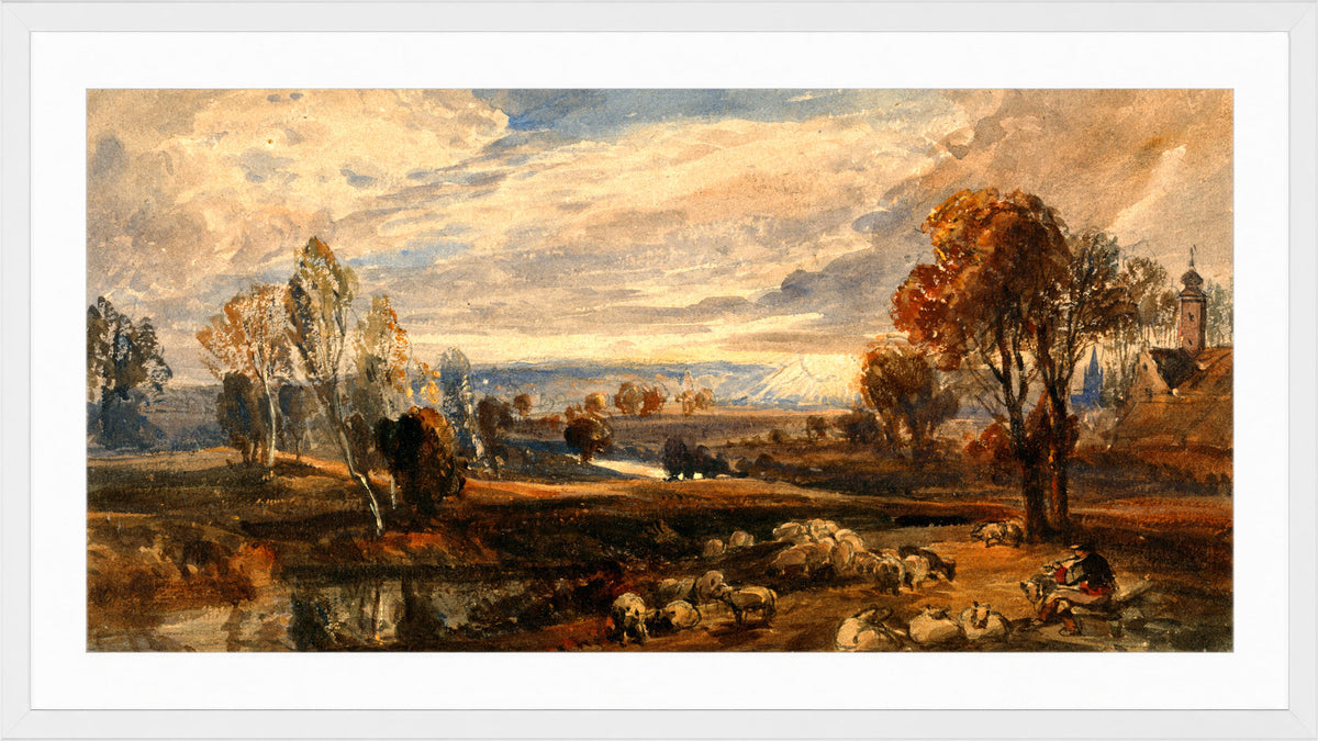 William Callow Print, Landscape with Sheep in a white frame