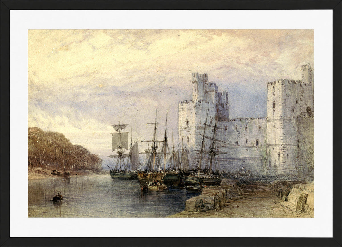 William Callow Print, Landschap met schepen voor Caernarvon Castle (1883) in a black frame