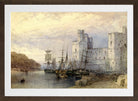 William Callow Print, Landschap met schepen voor Caernarvon Castle (1883) in a brown frame