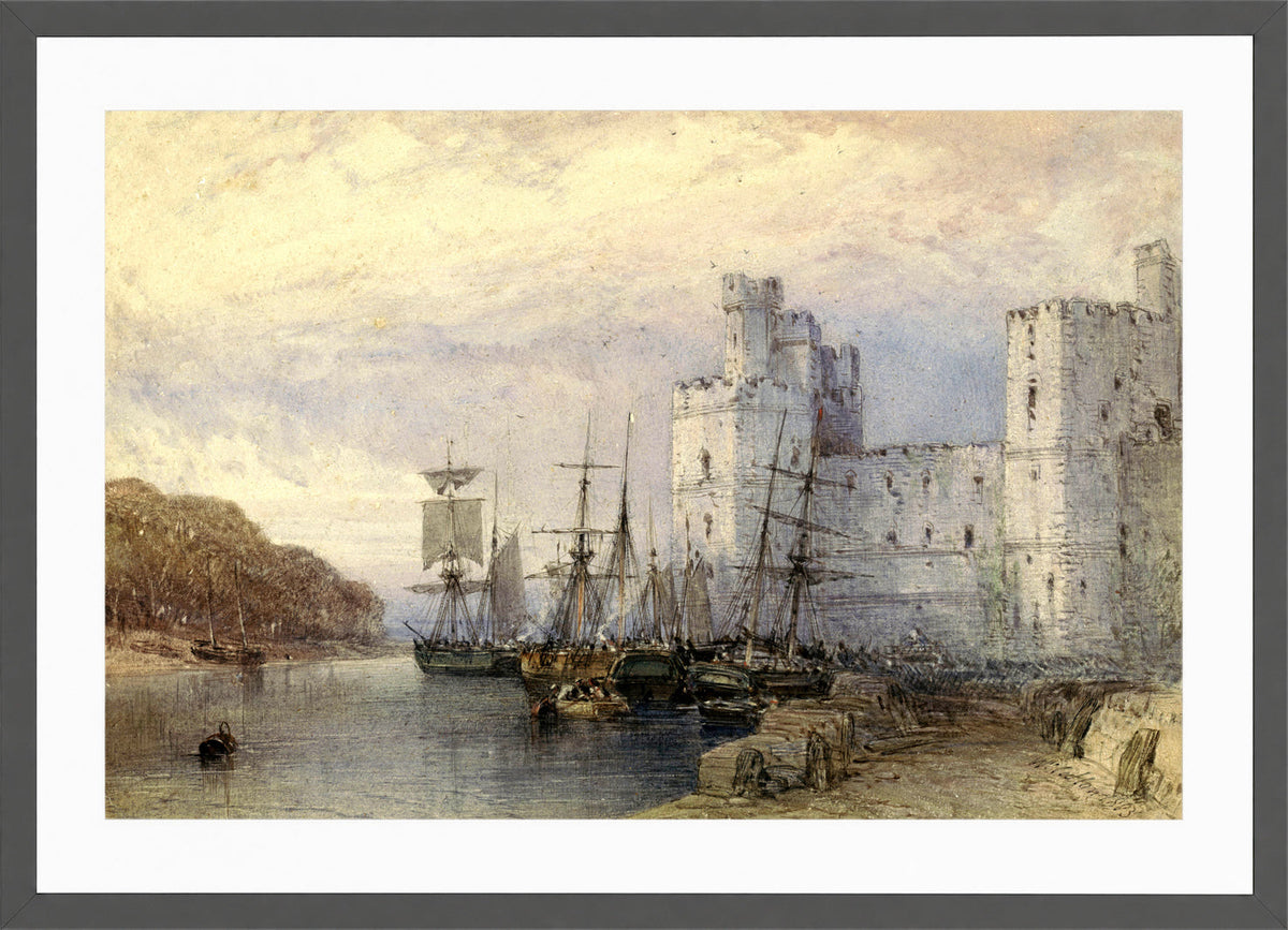 William Callow Print, Landschap met schepen voor Caernarvon Castle (1883) in a dark grey frame