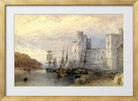William Callow Print, Landschap met schepen voor Caernarvon Castle (1883) in a gold frame