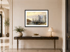 William Callow Print, Landschap met schepen voor Caernarvon Castle (1883) displayed above a console table