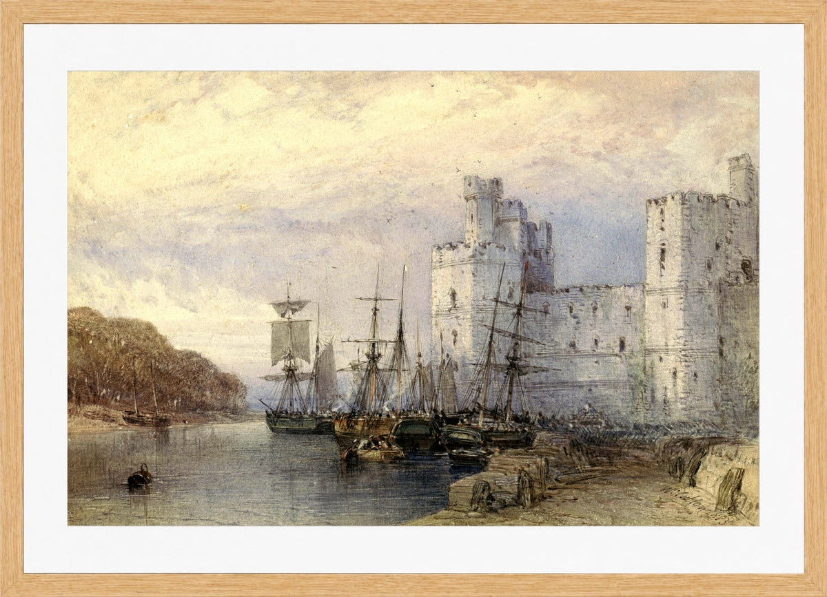 William Callow Print, Landschap met schepen voor Caernarvon Castle (1883) in an oak frame