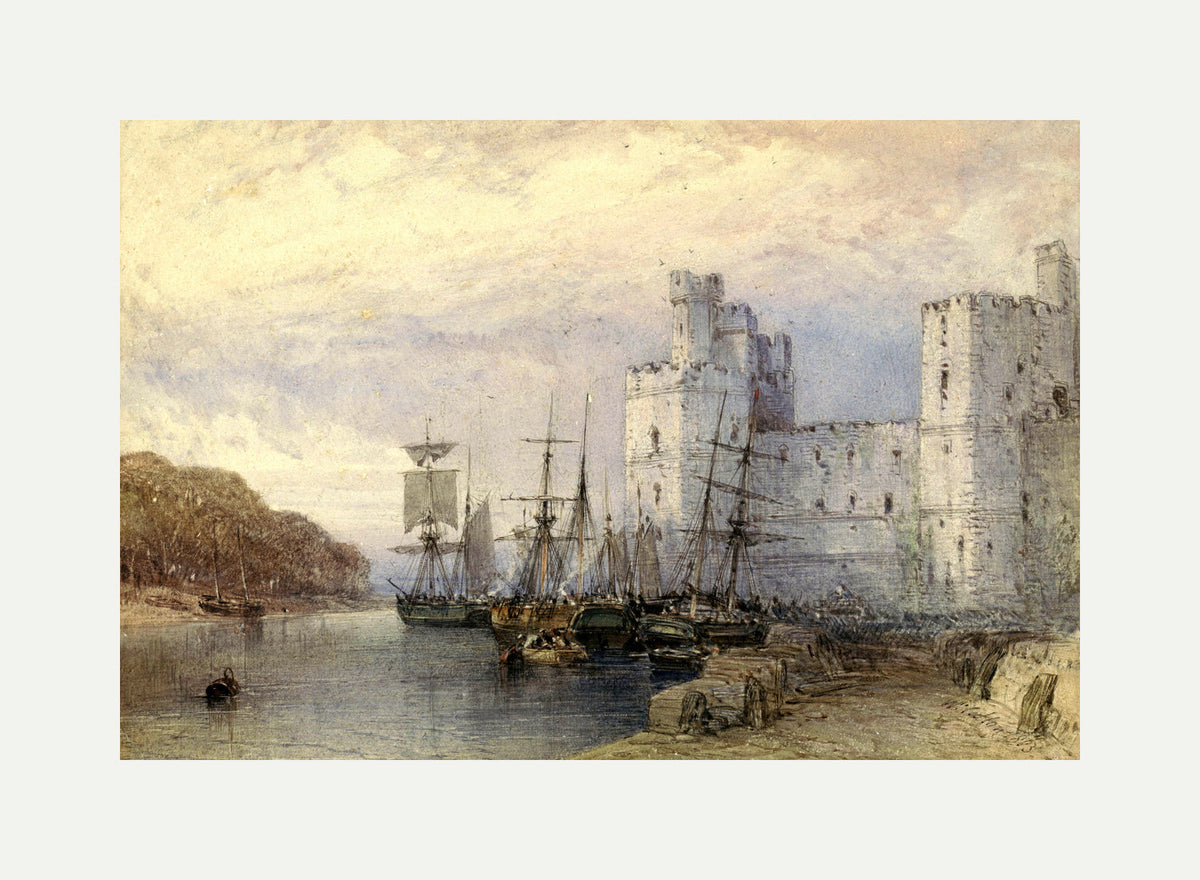 William Callow Print, Landschap met schepen voor Caernarvon Castle (1883) with an off-white border for rolled canvas