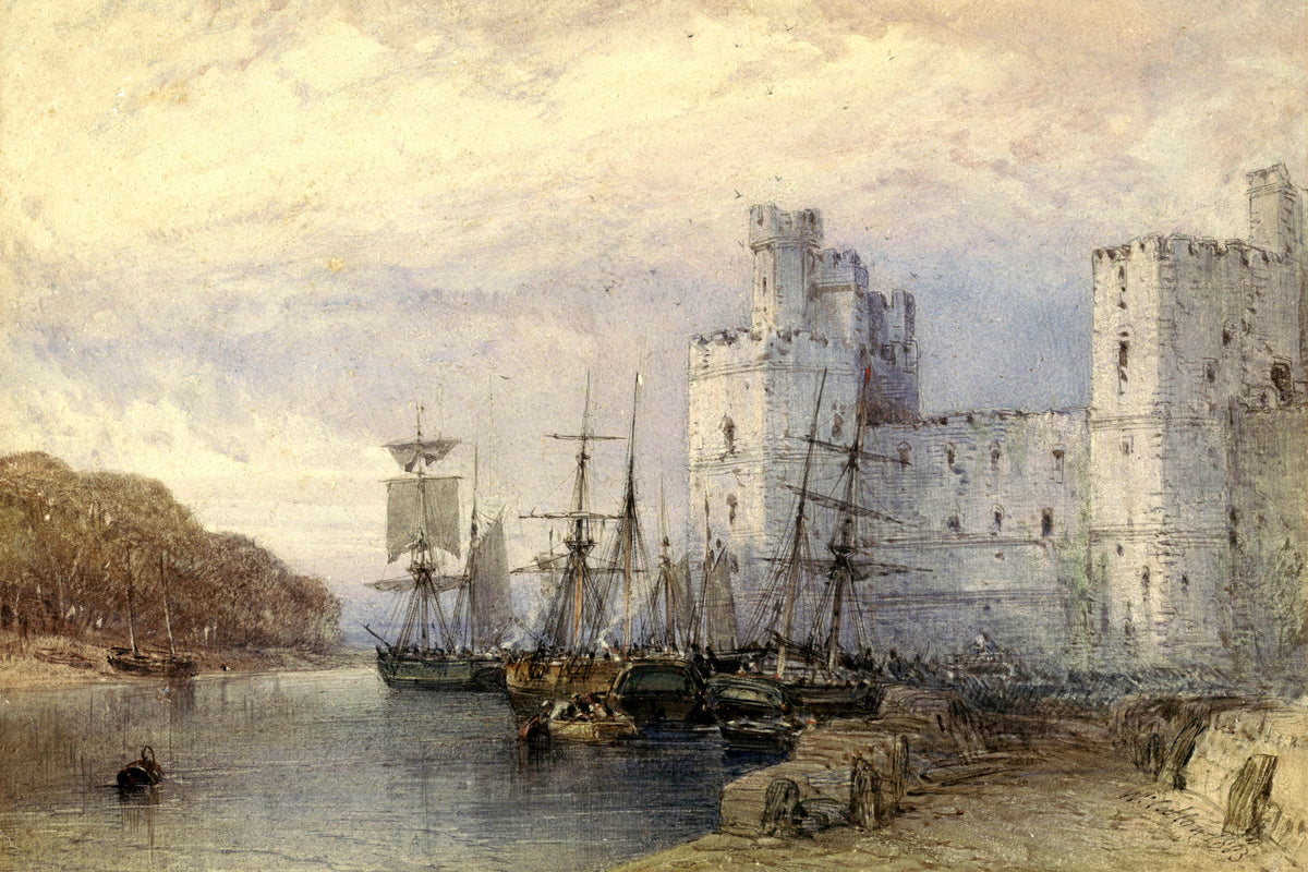 William Callow Print, Landschap met schepen voor Caernarvon Castle (1883) as an unframed print