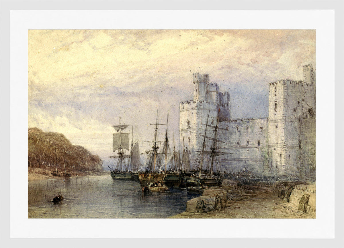 William Callow Print, Landschap met schepen voor Caernarvon Castle (1883) in a white frame