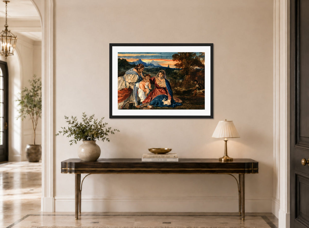 William Callow Print, Madonna with a Rabbit displayed above a console table