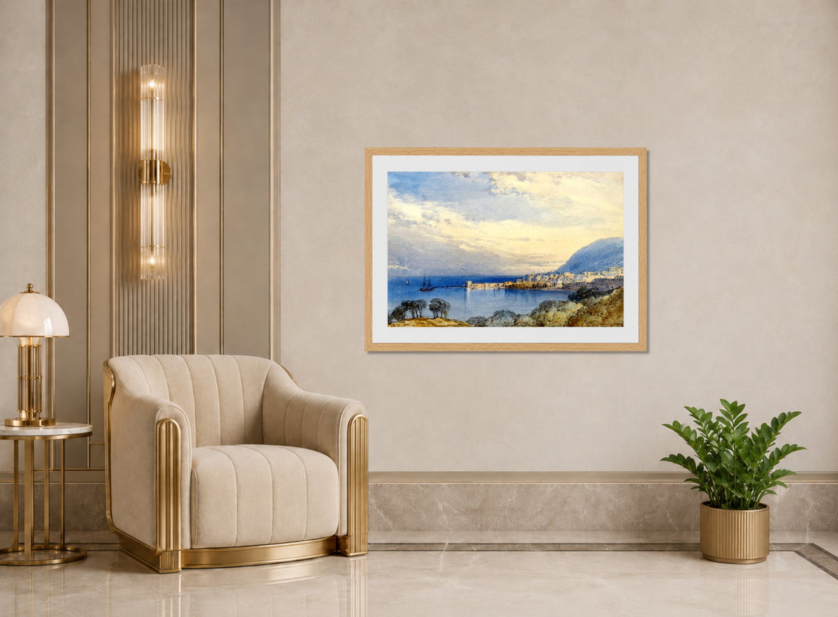 William Callow Print, Menton, France displayed in an Art Deco interior
