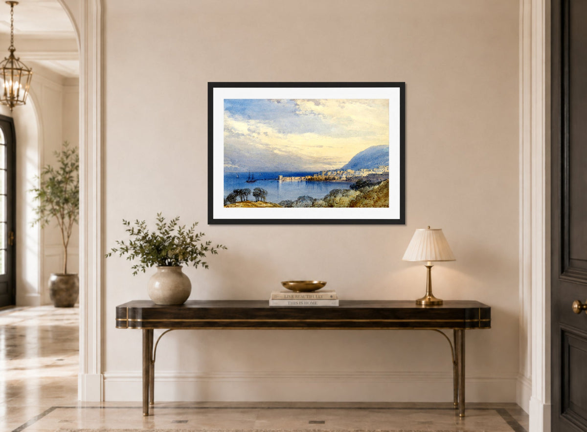 William Callow Print, Menton, France displayed above a console table