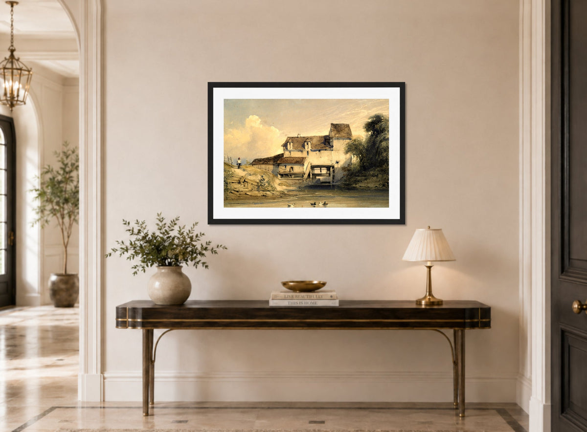 William Callow Print, Mill at Charenton displayed above a console table