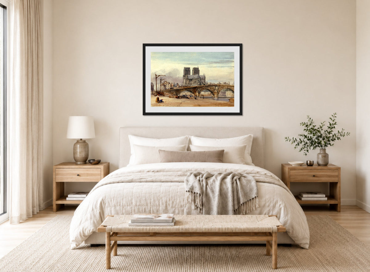 William Callow Print, Notre Dame, Paris (1835) displayed above a bed