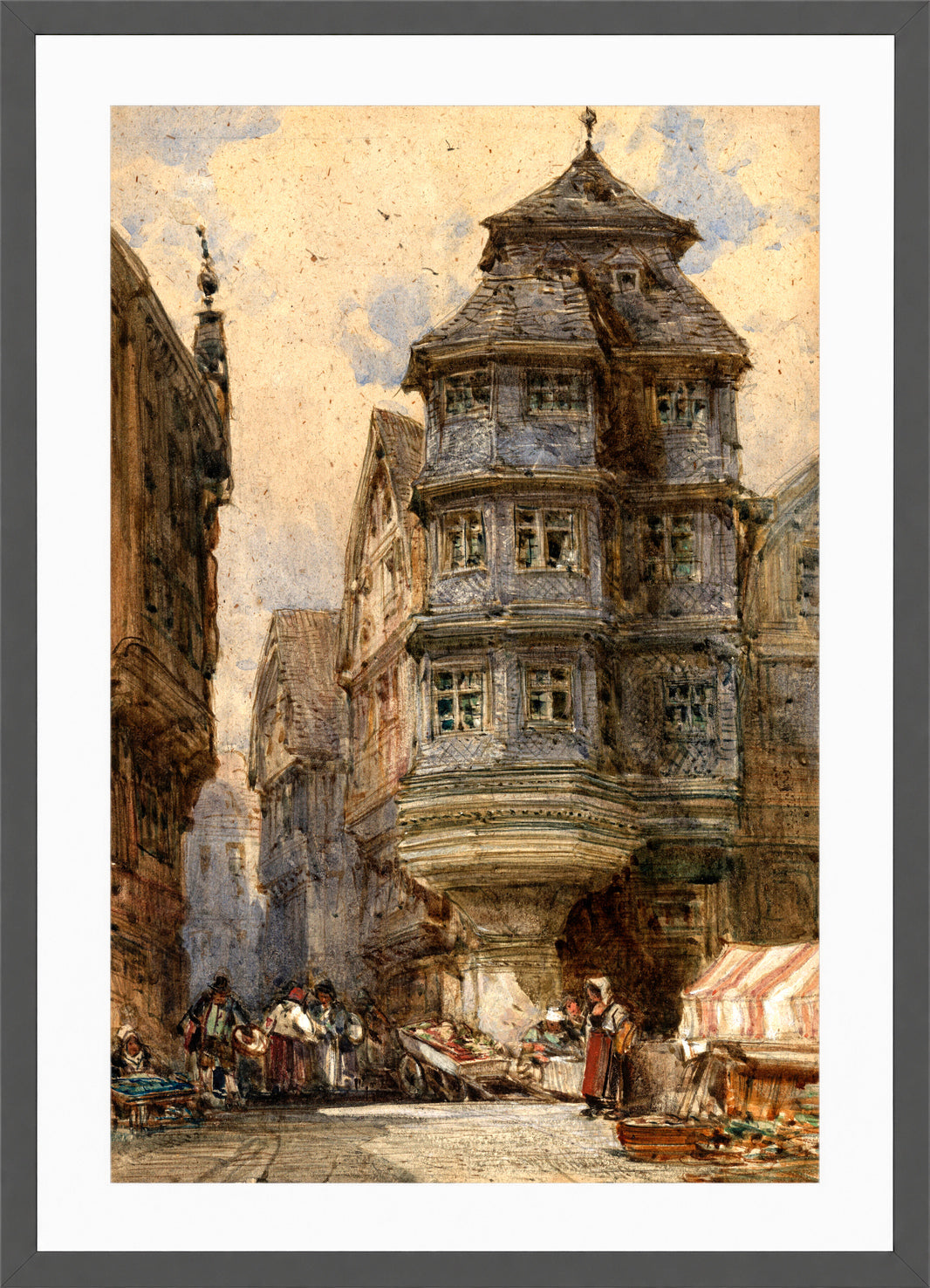William Callow Print, Old houses, Frankfurt in a dark grey frame
