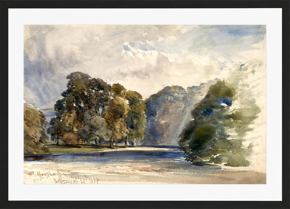William Callow Print, On the Wharfe, Bolton Abbey (1858) in a black frame