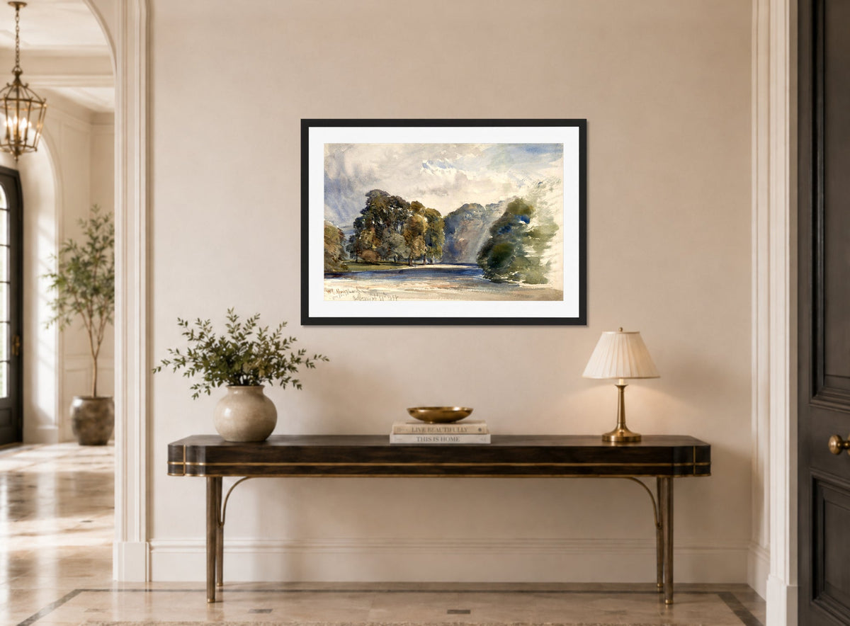 William Callow Print, On the Wharfe, Bolton Abbey (1858) displayed above a console table