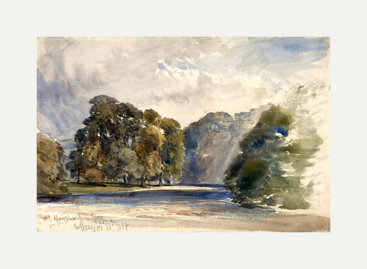 William Callow Print, On the Wharfe, Bolton Abbey (1858) with an off-white border for rolled canvas