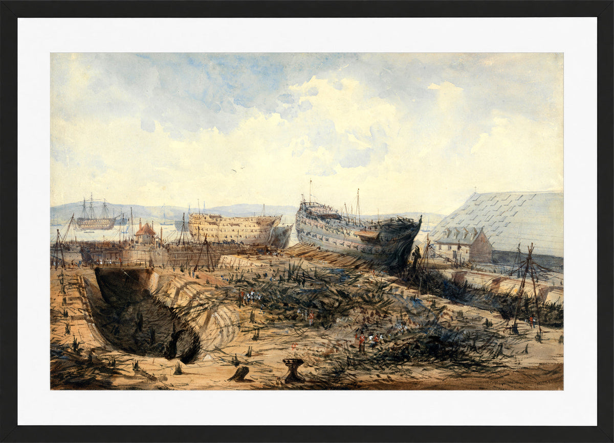 William Callow Print, Plymouth Dockyard after the Fire (1840) in a black frame
