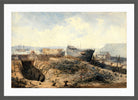 William Callow Print, Plymouth Dockyard after the Fire (1840) in a dark grey frame
