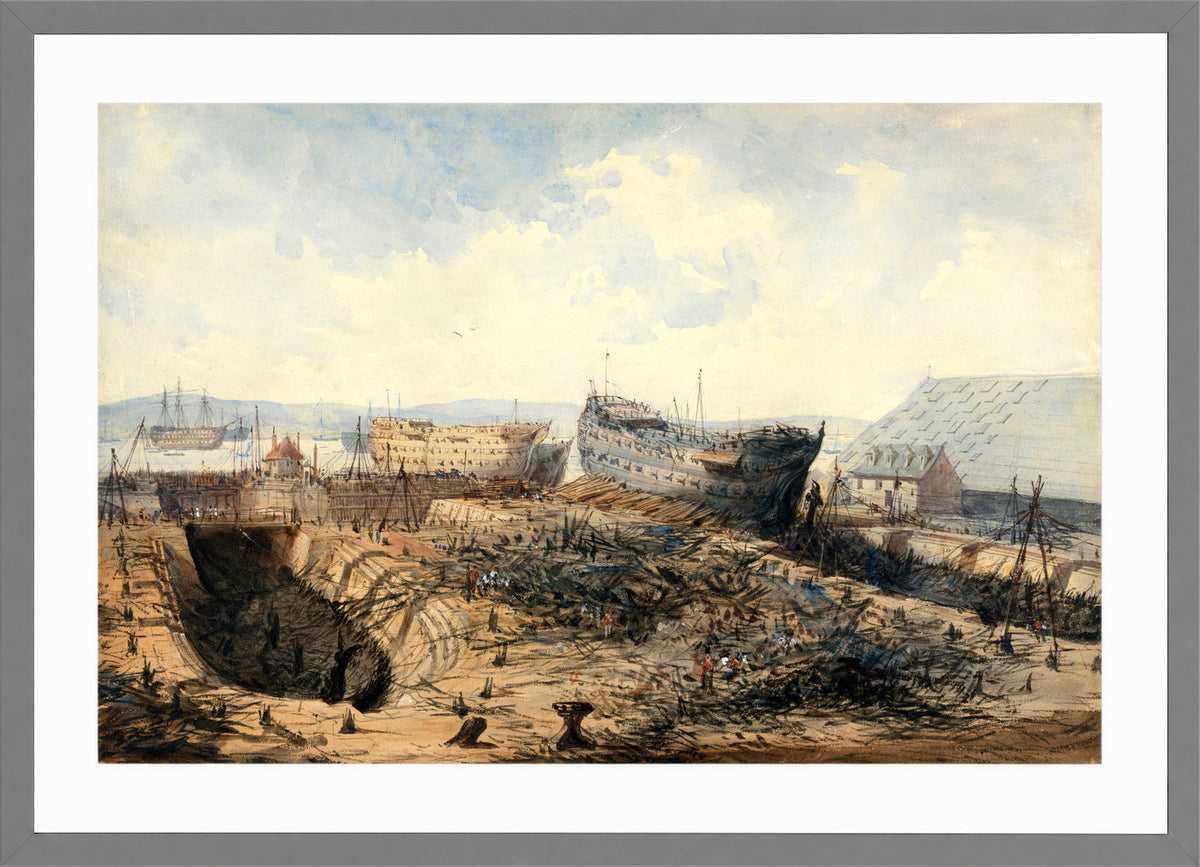 William Callow Print, Plymouth Dockyard after the Fire (1840) in a light grey frame