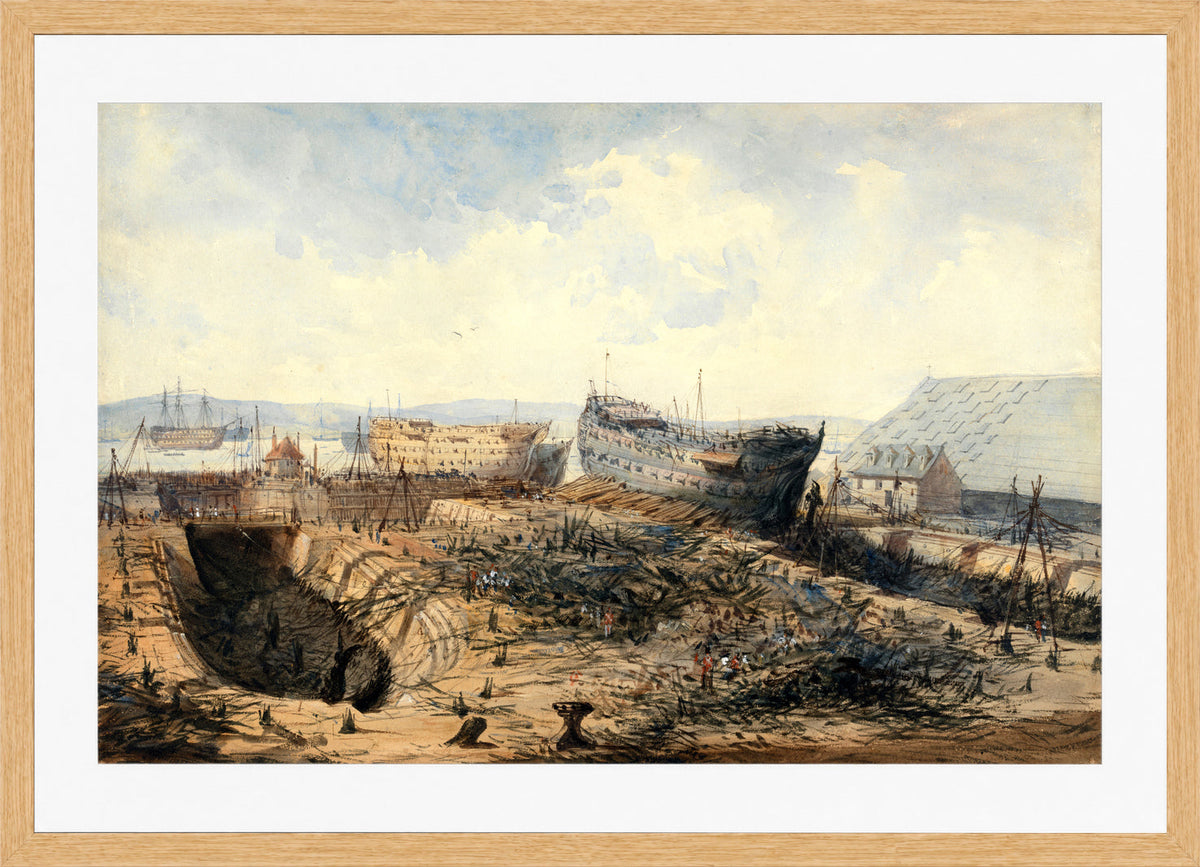 William Callow Print, Plymouth Dockyard after the Fire (1840) in an oak frame