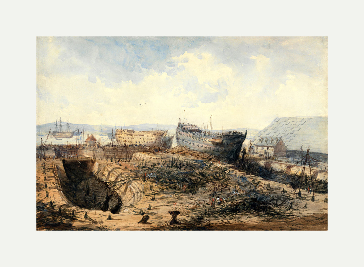 William Callow Print, Plymouth Dockyard after the Fire (1840) with an off-white border for rolled canvas