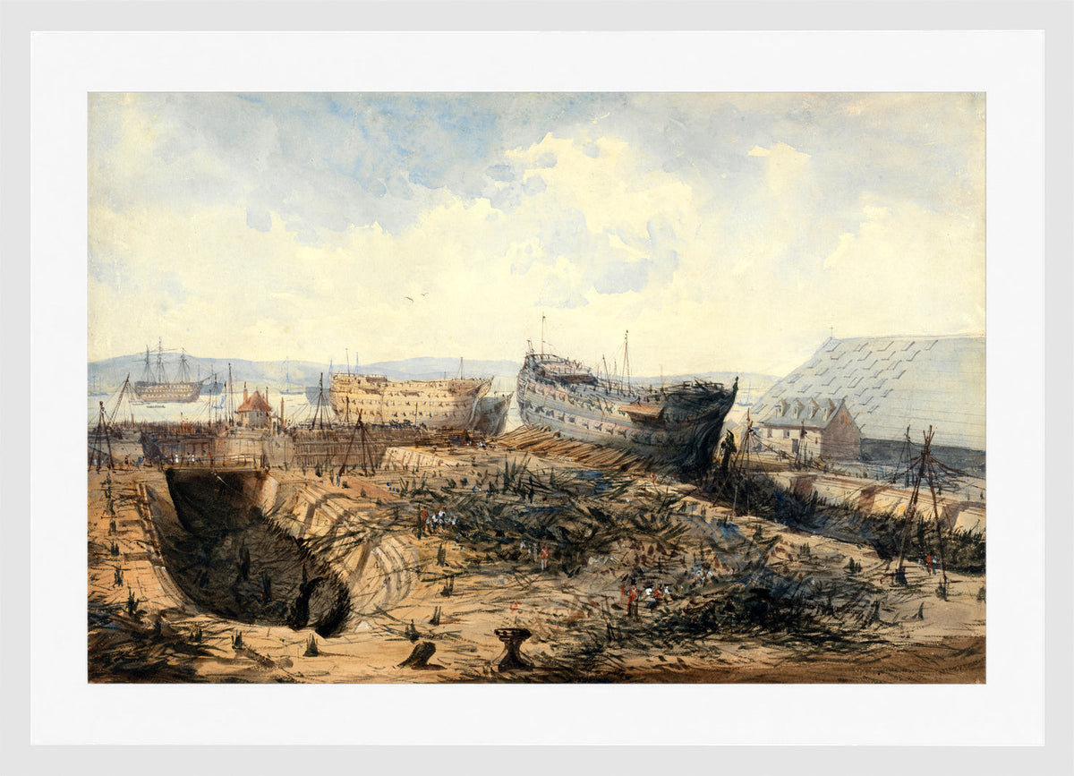 William Callow Print, Plymouth Dockyard after the Fire (1840) in a white frame