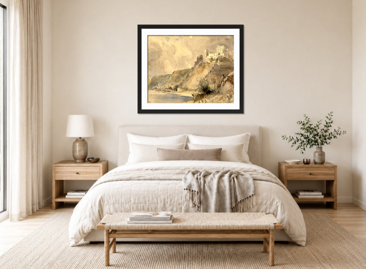 William Callow Print, Rheinfels and St displayed above a bed