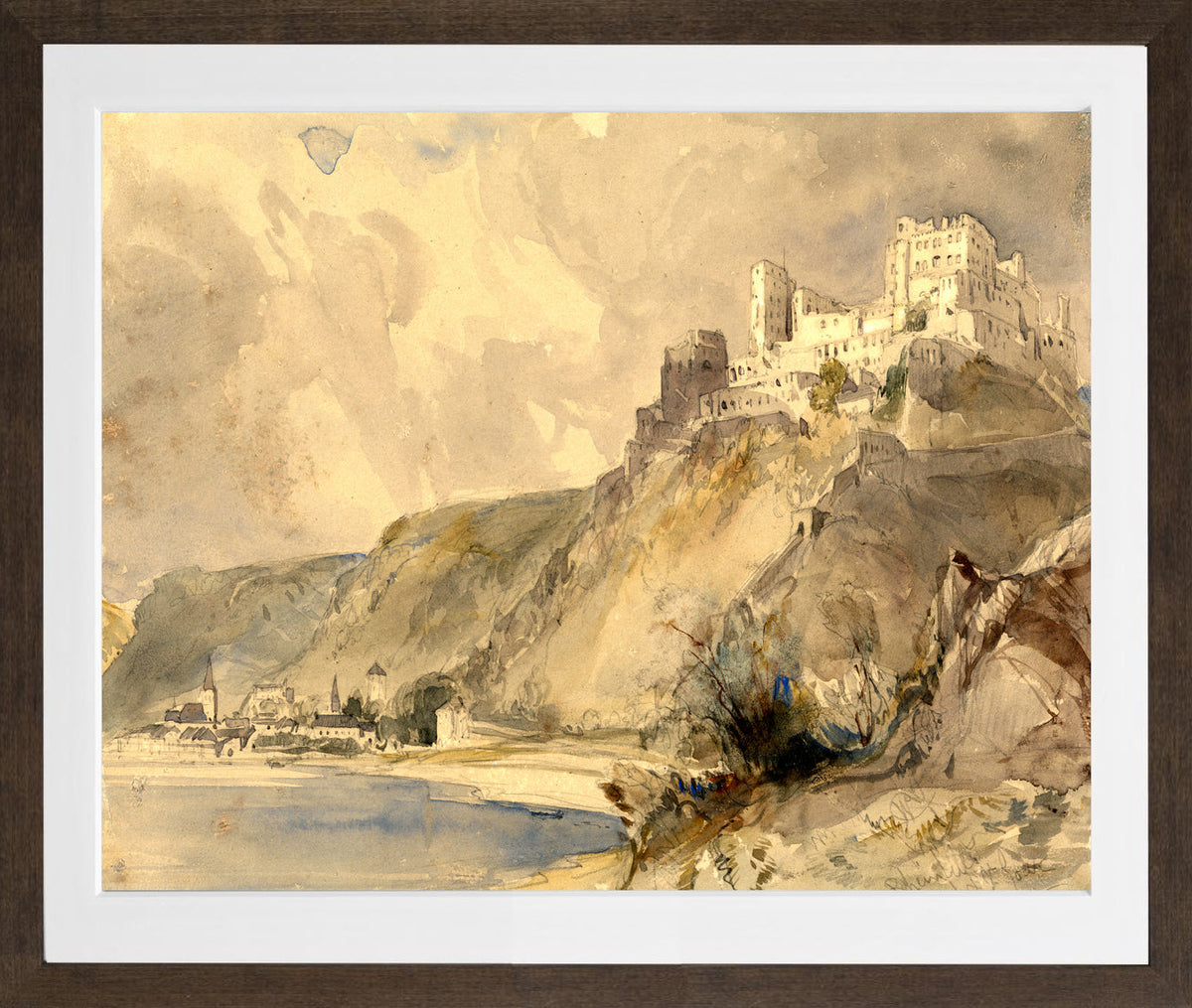 William Callow Print, Rheinfels and St in a brown frame