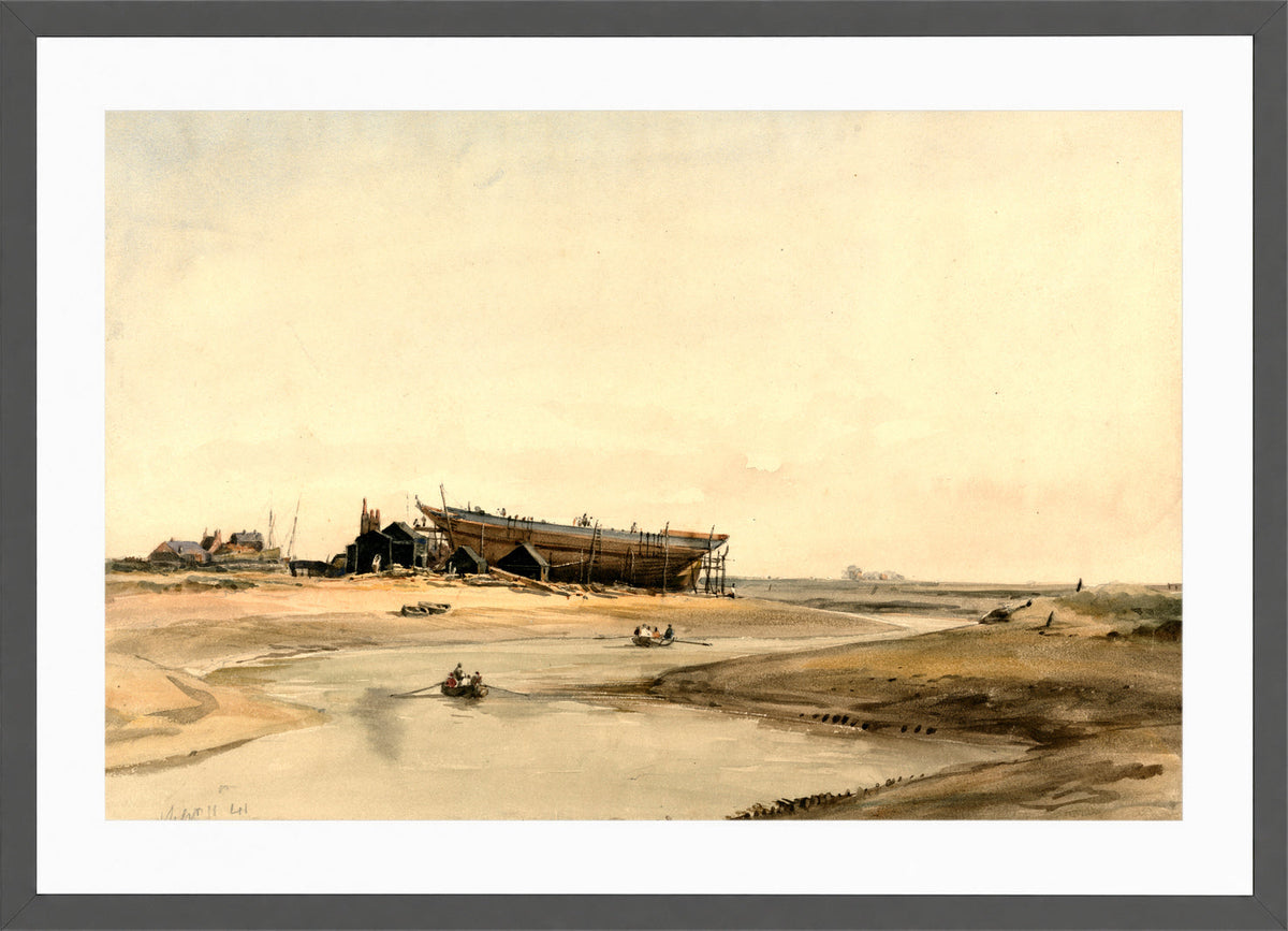William Callow Print, Ship Building (1841) in a dark grey frame