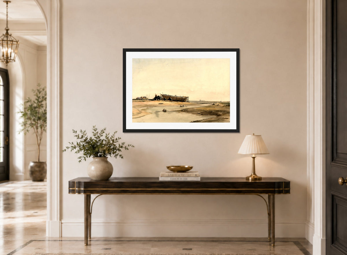 William Callow Print, Ship Building (1841) displayed above a console table