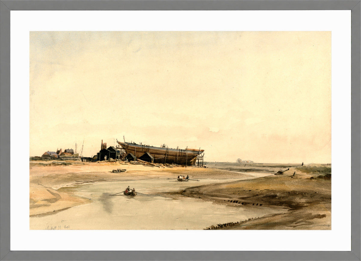 William Callow Print, Ship Building (1841) in a light grey frame