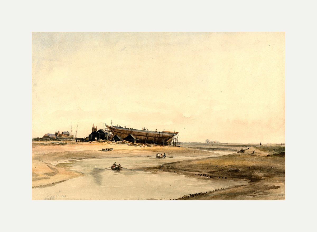 William Callow Print, Ship Building (1841) with an off-white border for rolled canvas