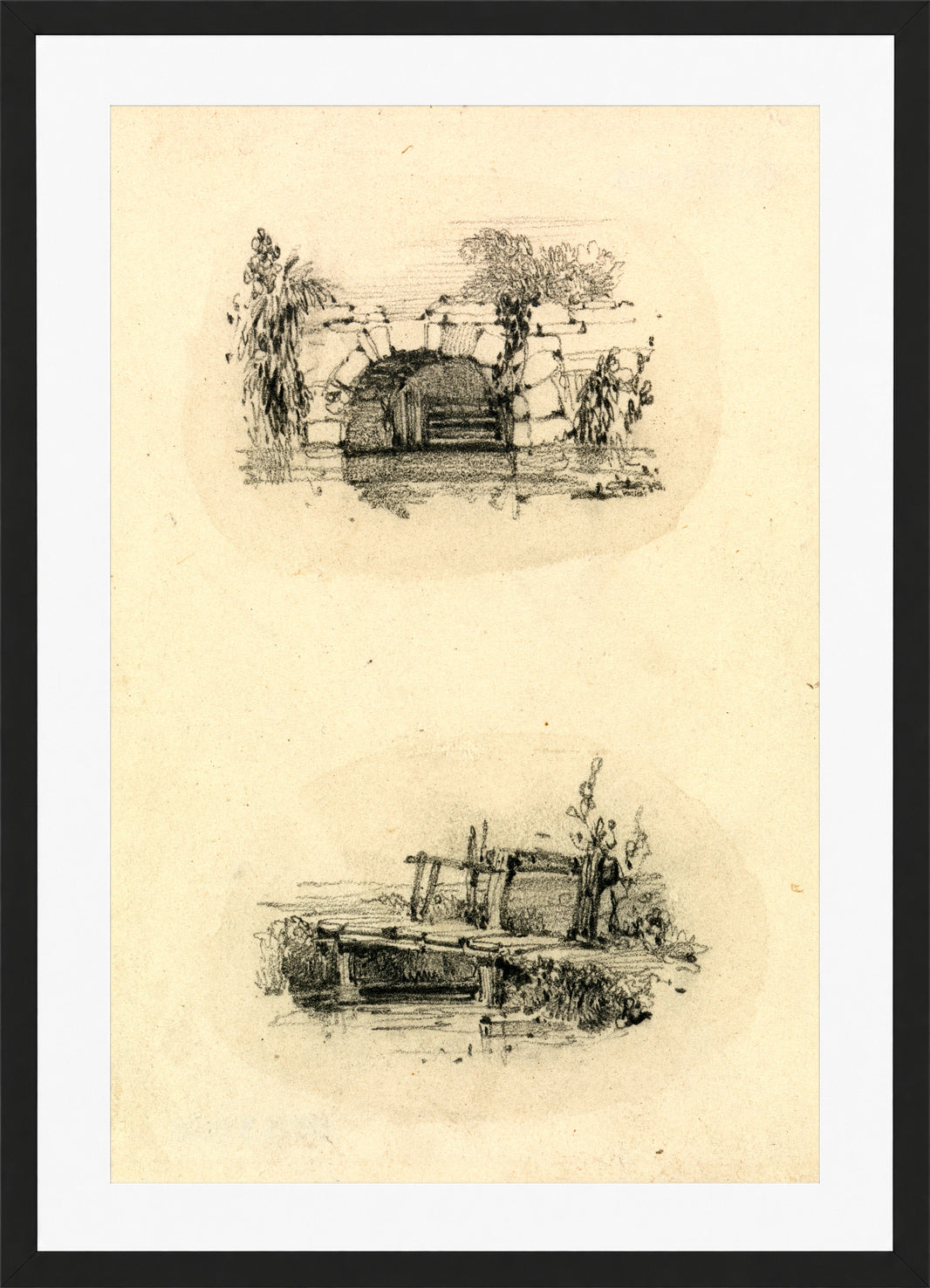 William Callow Print, Stone Bridge_ Wooden Footbridge in a black frame