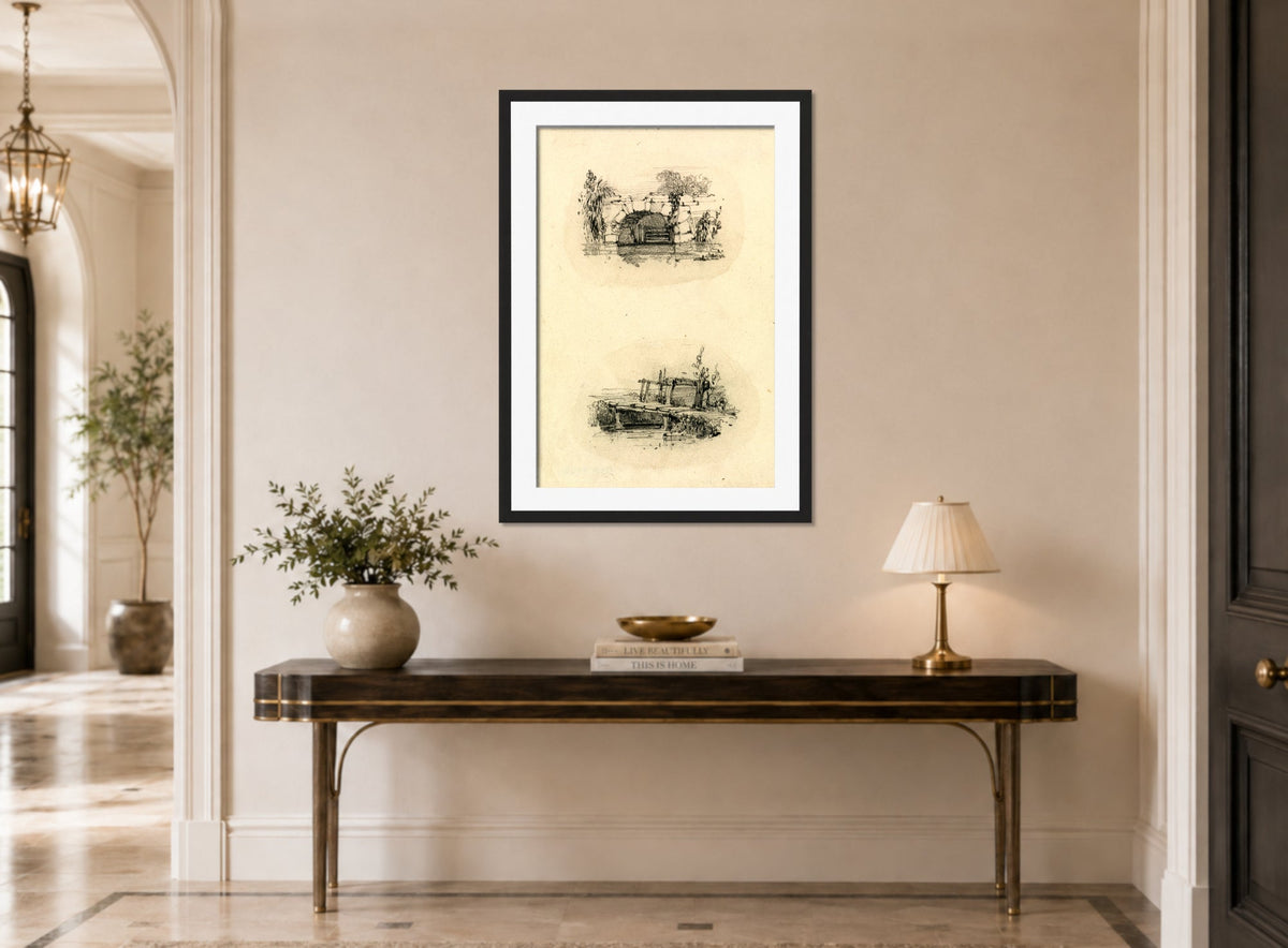 William Callow Print, Stone Bridge_ Wooden Footbridge displayed above a console table