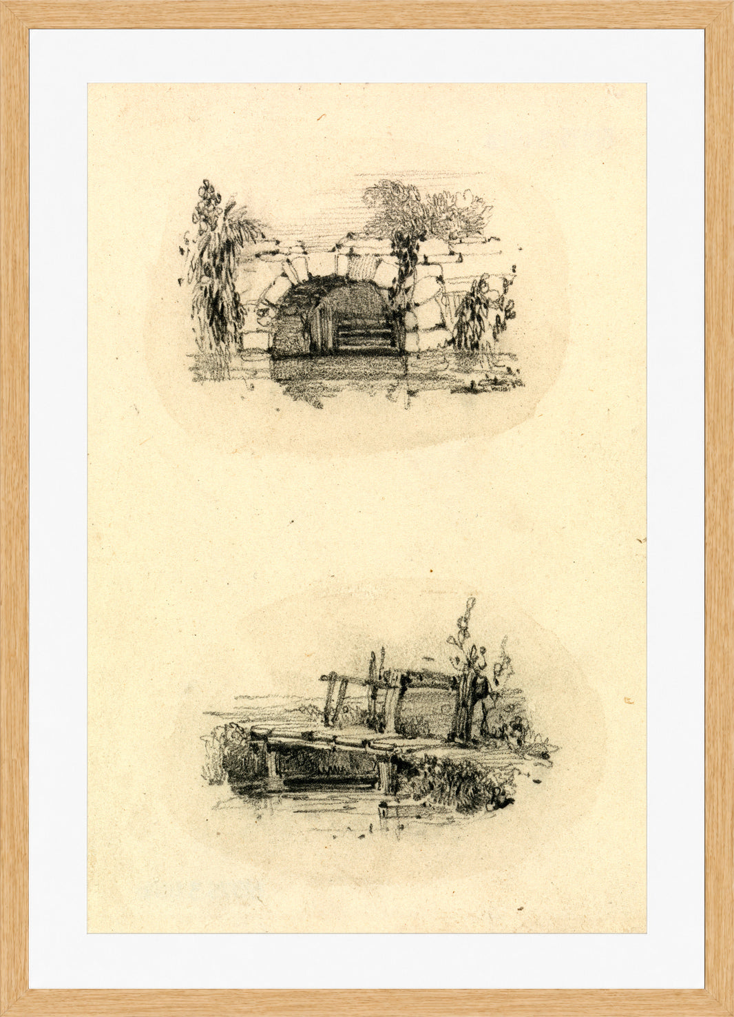 William Callow Print, Stone Bridge_ Wooden Footbridge in an oak frame