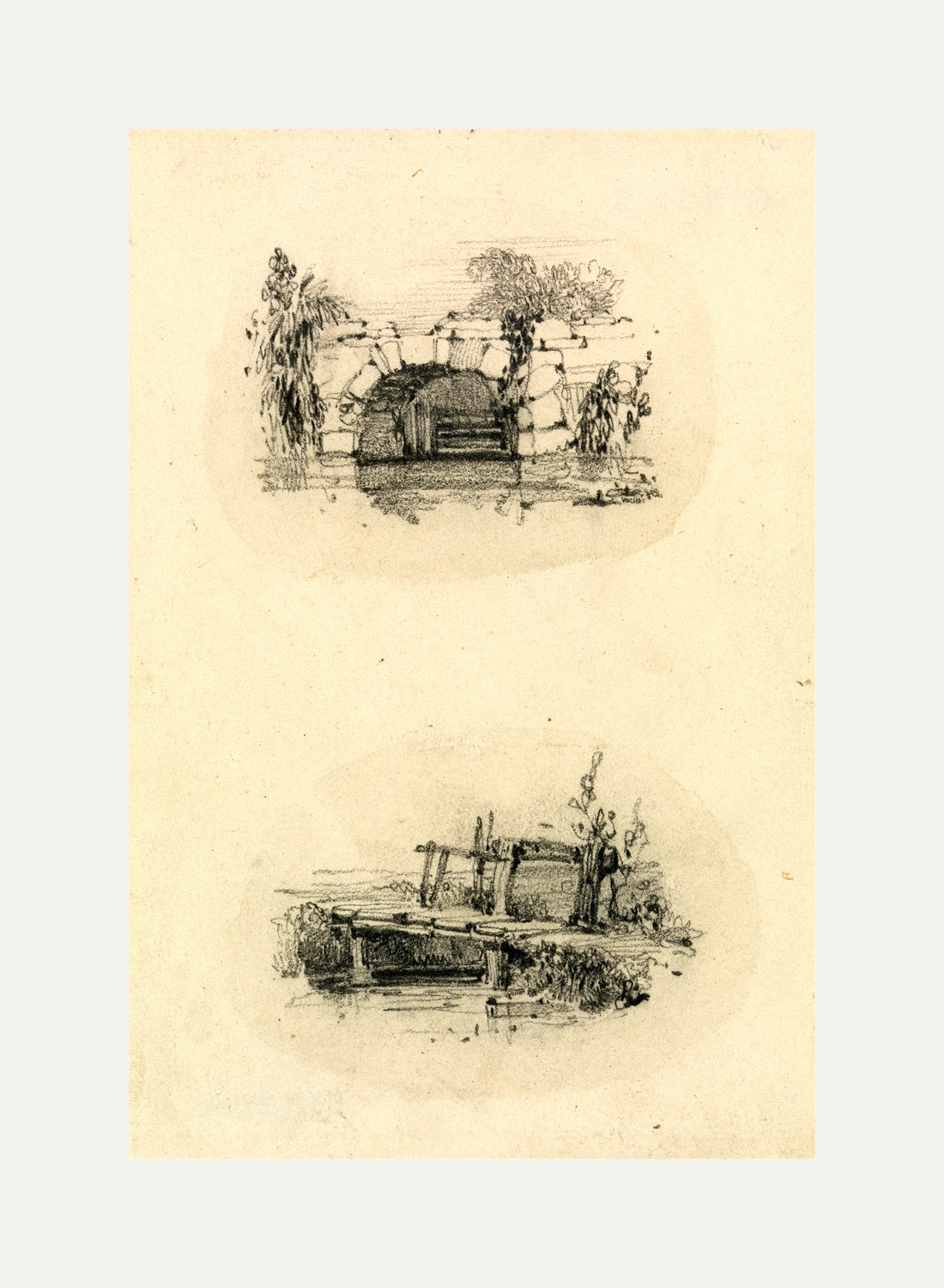 William Callow Print, Stone Bridge_ Wooden Footbridge with an off-white border for rolled canvas