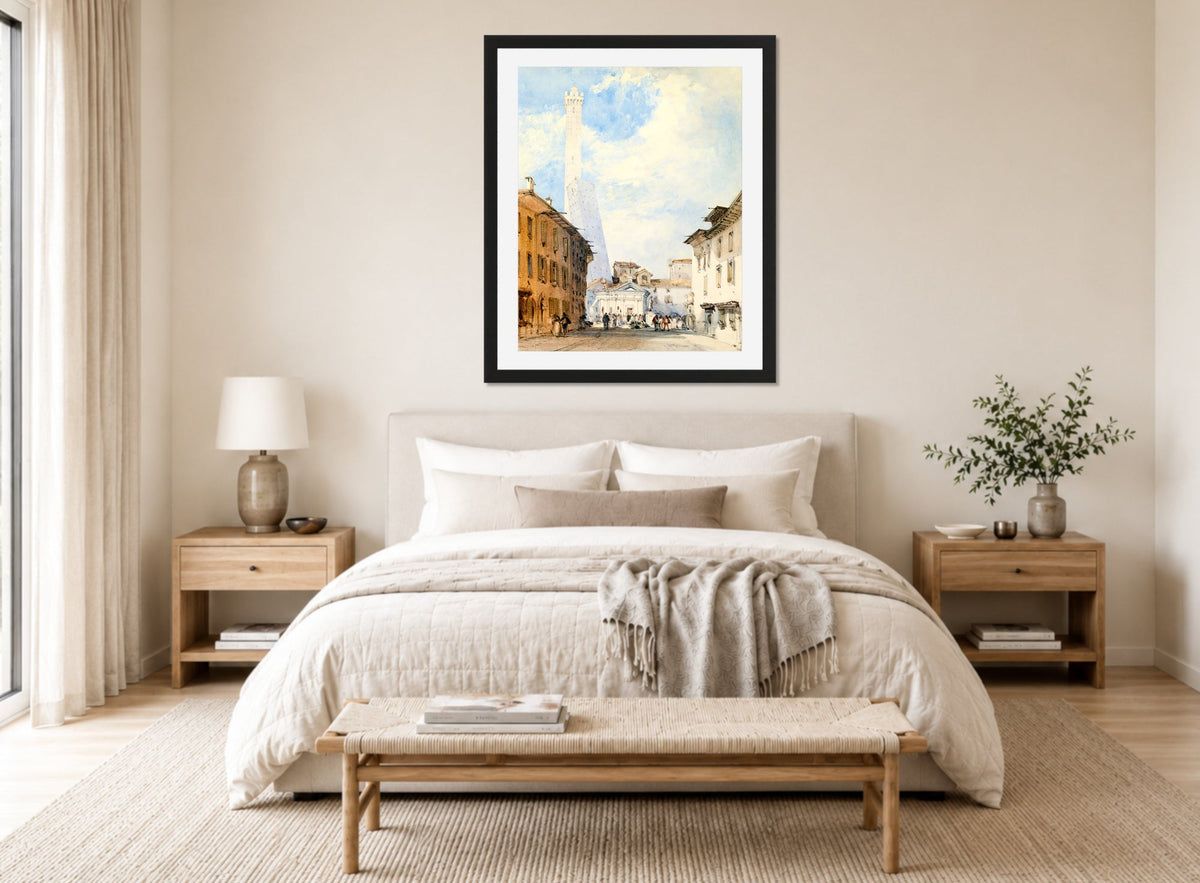 William Callow Print, Street In Bologna displayed above a bed