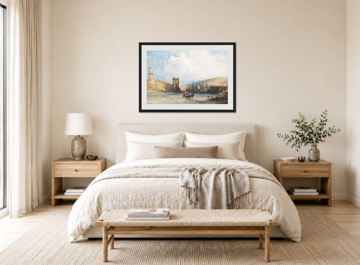 William Callow Print, The Entrance to the Harbor of Marseilles (1838) displayed above a bed