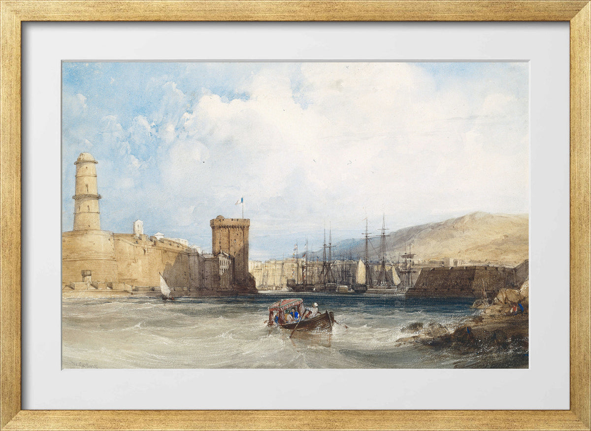 William Callow Print, The Entrance to the Harbor of Marseilles (1838) in a gold frame