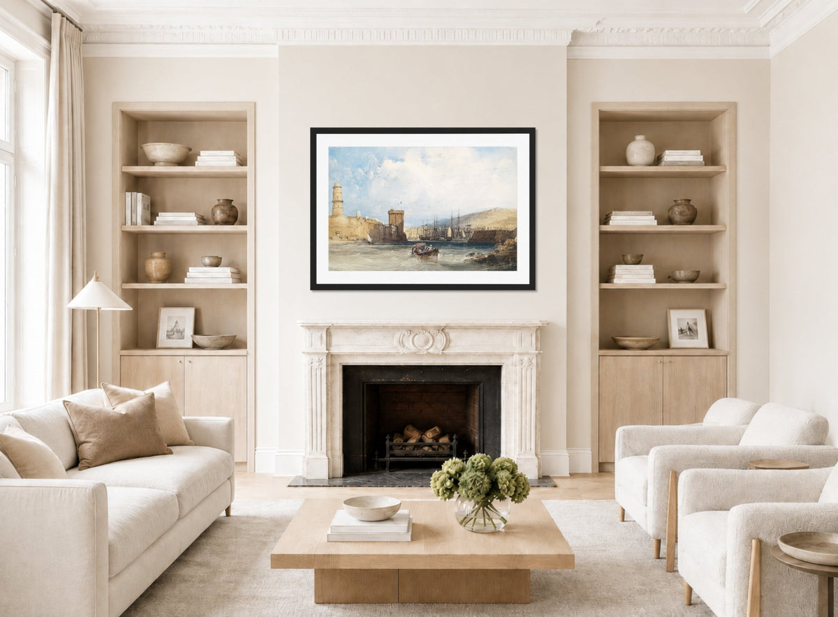 William Callow Print, The Entrance to the Harbor of Marseilles (1838) displayed in a Scandinavian living room