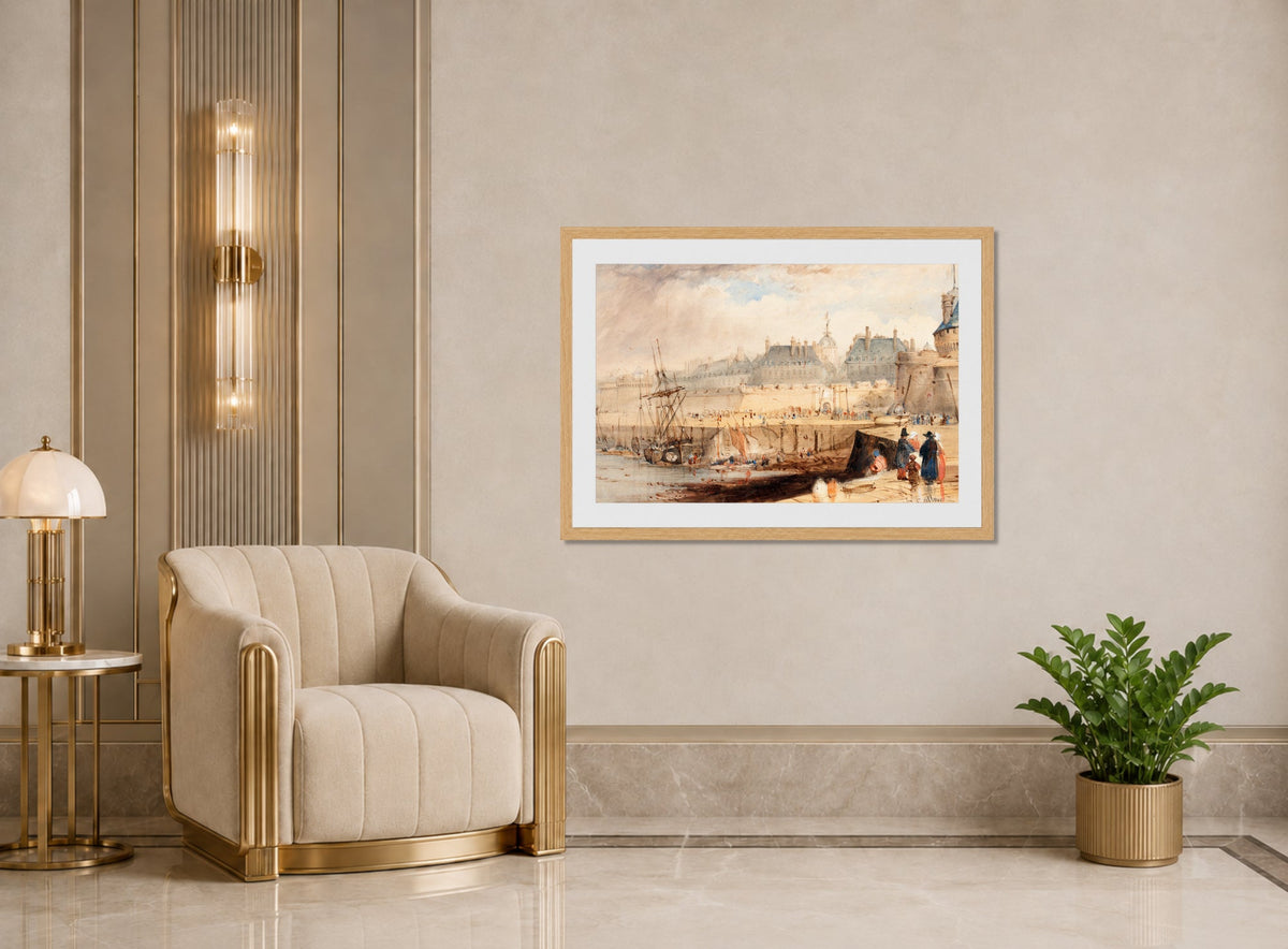 William Callow Print, The Harbor of St. Malo at Low Tide (c displayed in an Art Deco interior