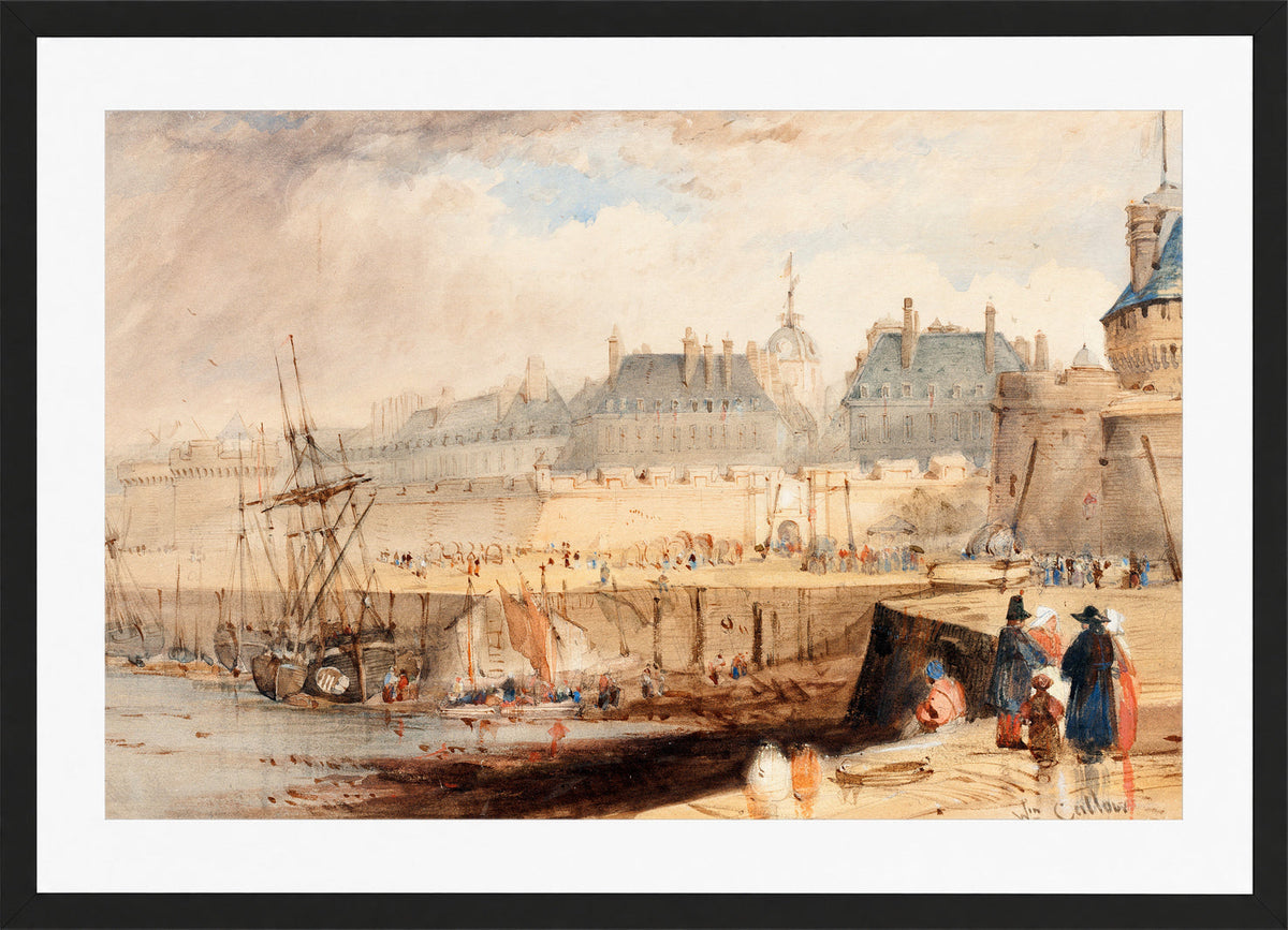 William Callow Print, The Harbor of St. Malo at Low Tide (c in a black frame