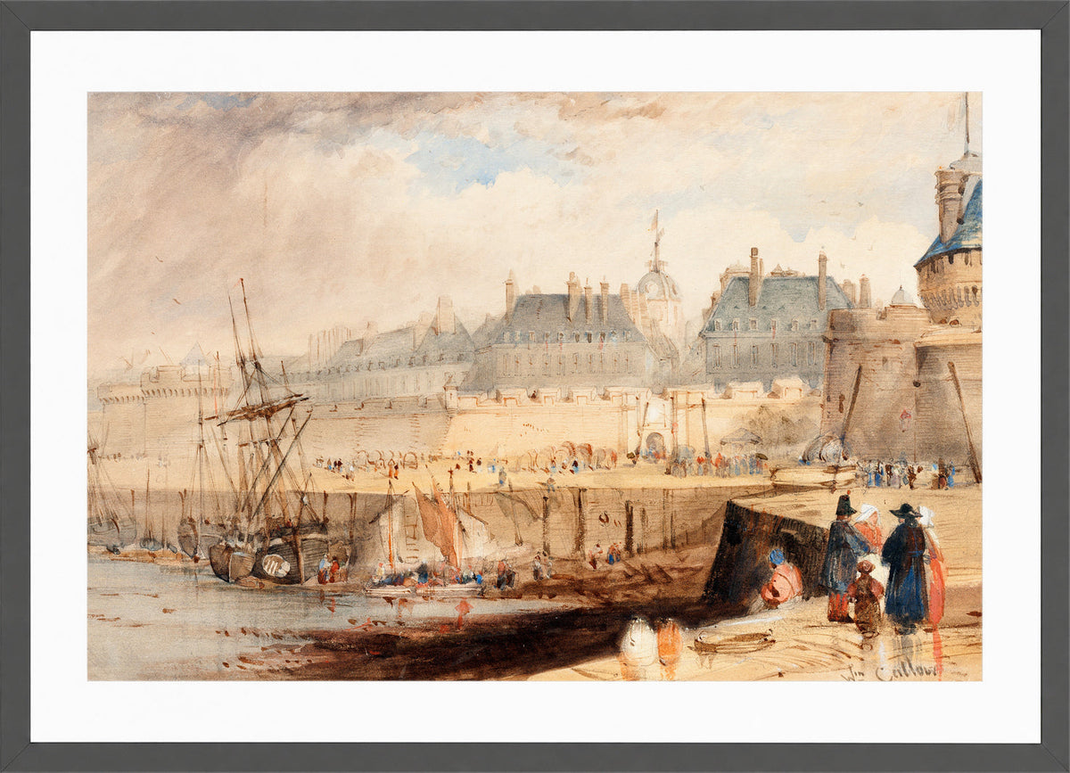 William Callow Print, The Harbor of St. Malo at Low Tide (c in a dark grey frame