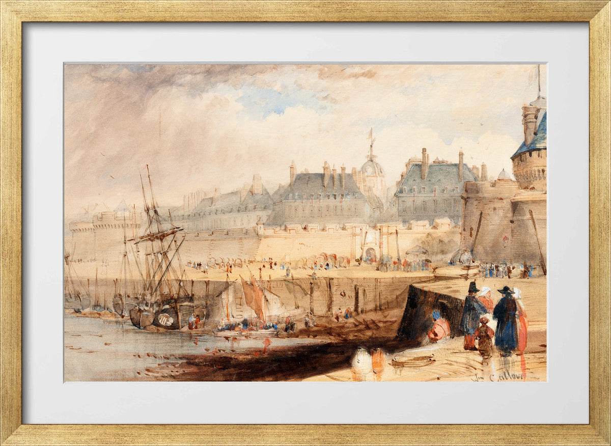 William Callow Print, The Harbor of St. Malo at Low Tide (c in a gold frame