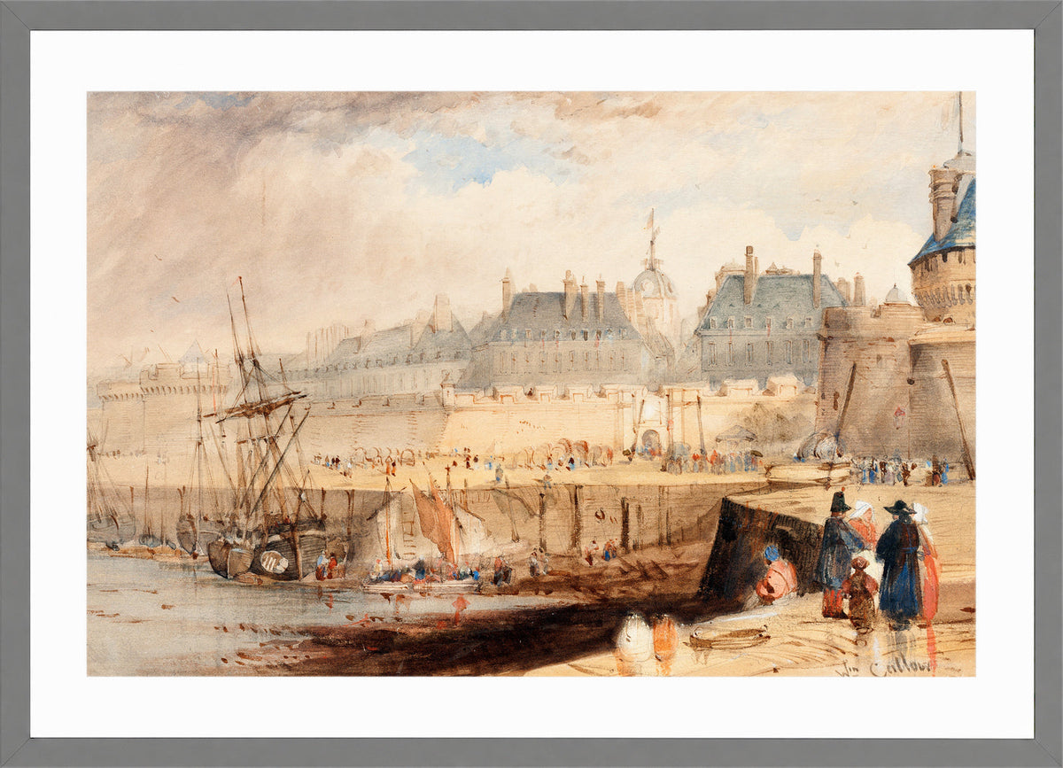 William Callow Print, The Harbor of St. Malo at Low Tide (c in a light grey frame
