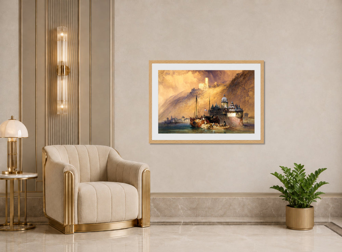 William Callow Print, The Phalz Castle on the Rhine (1847) displayed in an Art Deco interior