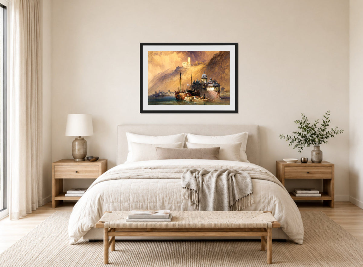 William Callow Print, The Phalz Castle on the Rhine (1847) displayed above a bed