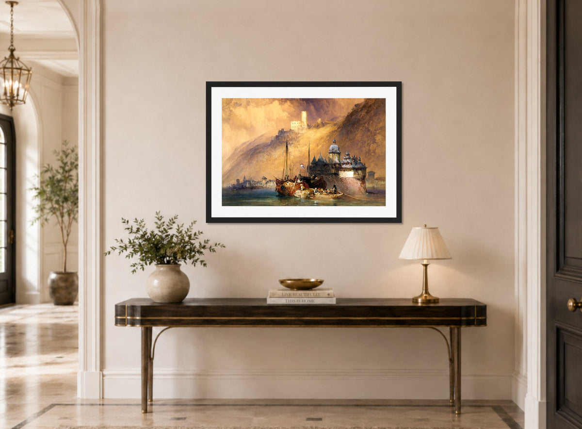 William Callow Print, The Phalz Castle on the Rhine (1847) displayed above a console table