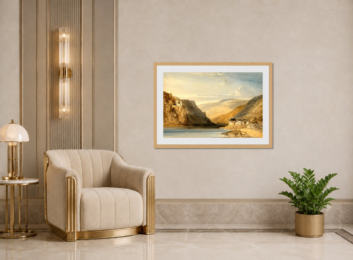 William Callow Print, The Rhine at Assmannshausen (1863) displayed in an Art Deco interior